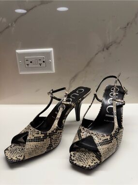 Gucci Black and Beige Snake-Print T-Strap Slingback Heels